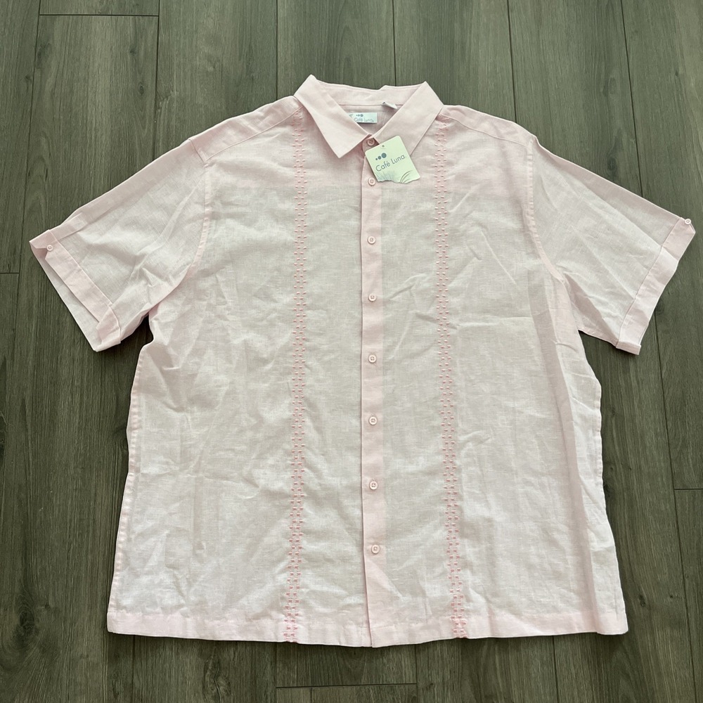 Café Luna Short Sleeve Button Up Shirt Mens 2XL Pink Linen/Cotton NWT